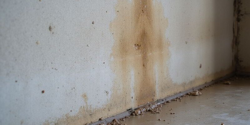Signs of basement moisture including efflorescence and water stains