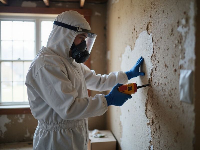 Professional mold remediation technician in protective gear inspecting residential home